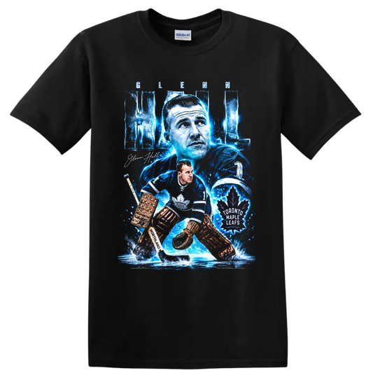 Glenn Hall Toronto Maple Leafs goalie graphic with icy blue vintage hockey artwork on a Black T Shirt