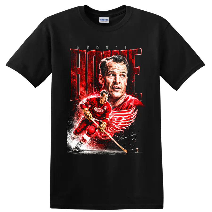 Gordie Howe Detroit Red Wings portrait and skating number 9 hockey graphic on a Black T Shirt