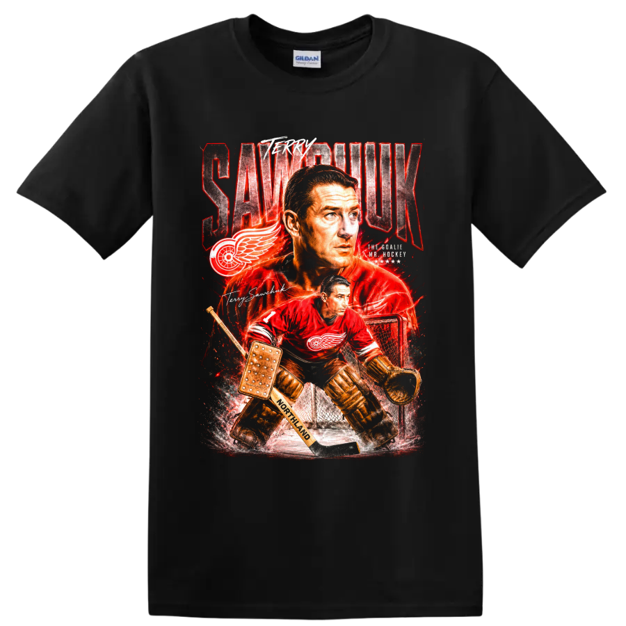 Terry Sawchuk Detroit Red Wings goalie portrait and vintage action graphic on a Black T Shirt
