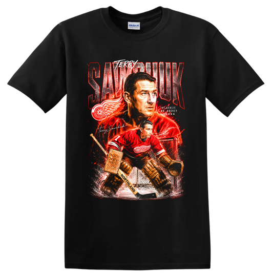 Terry Sawchuk Detroit Red Wings goalie portrait and vintage action graphic on a Black T Shirt