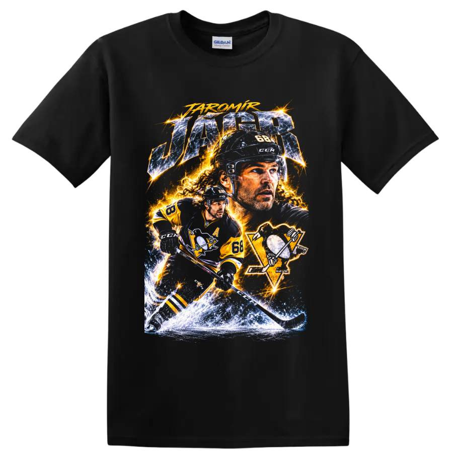Jaromir Jagr number 68 Pittsburgh hockey electric collage graphic with icy action art on a Black T Shirt