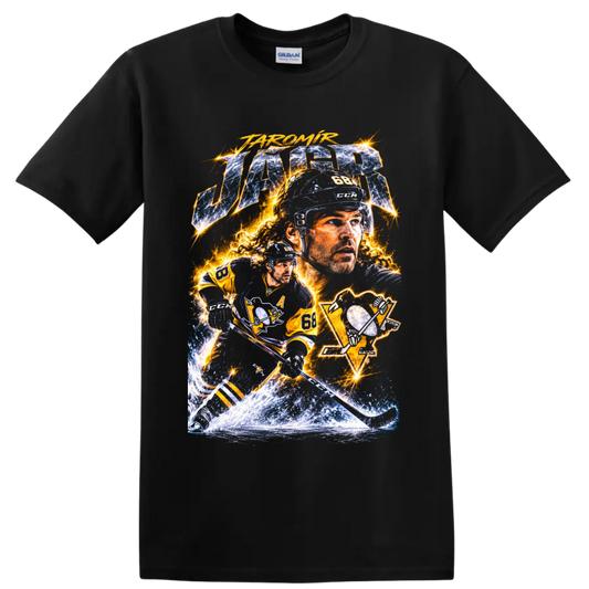Jaromir Jagr number 68 Pittsburgh hockey electric collage graphic with icy action art on a Black T Shirt