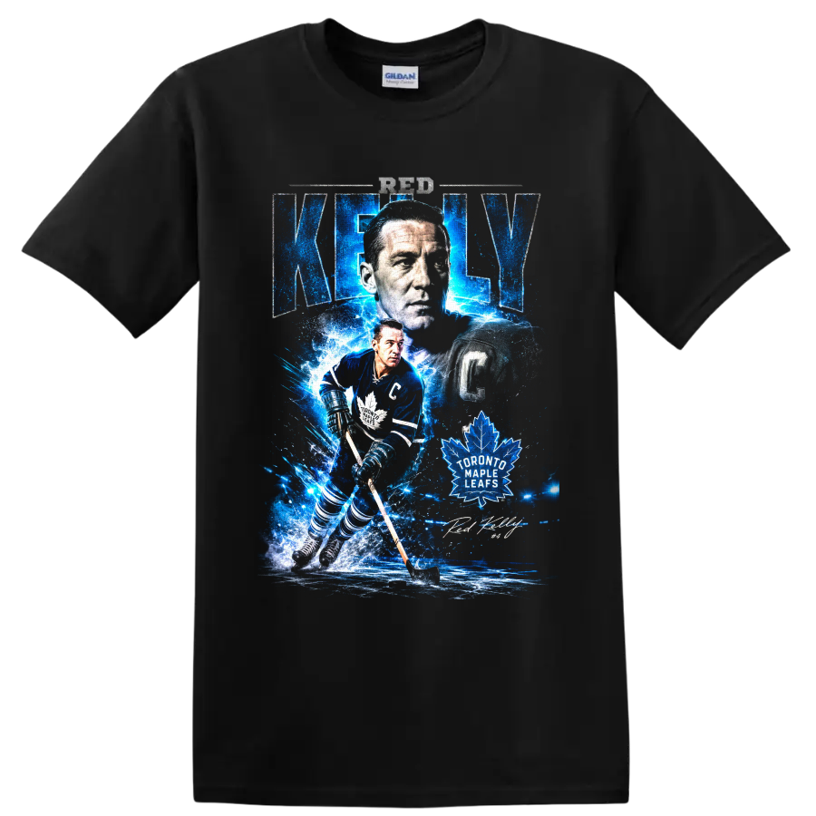 Red Kelly Toronto Maple Leafs captain hockey collage with electric blue ice effects on a Black T Shirt