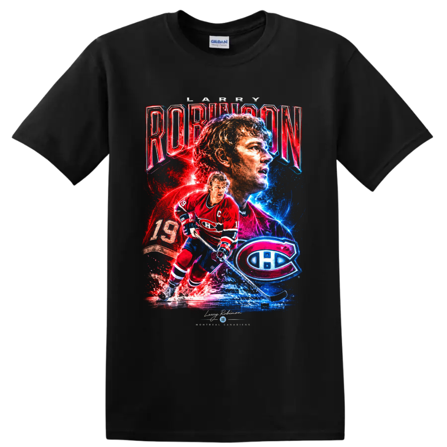 Larry Robinson Montreal Canadiens number 19 neon collage hockey graphic on a Black T Shirt