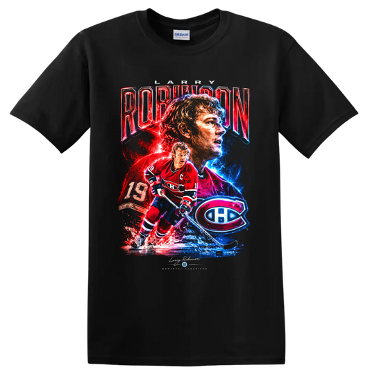 Larry Robinson Montreal Canadiens number 19 neon collage hockey graphic on a Black T Shirt