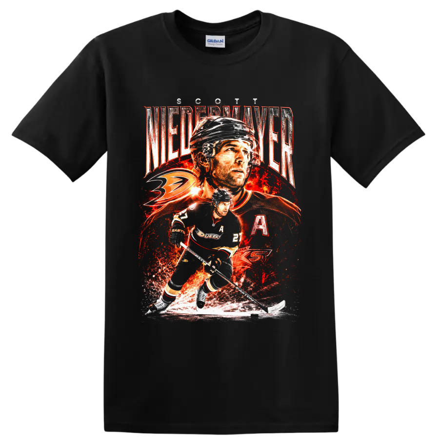 Scott Niedermayer Ducks No. 27 hockey collage with fiery distressed graphics on a Black T Shirt