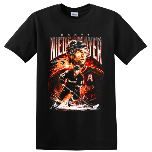 Scott Niedermayer Ducks No. 27 hockey collage with fiery distressed graphics on a Black T Shirt