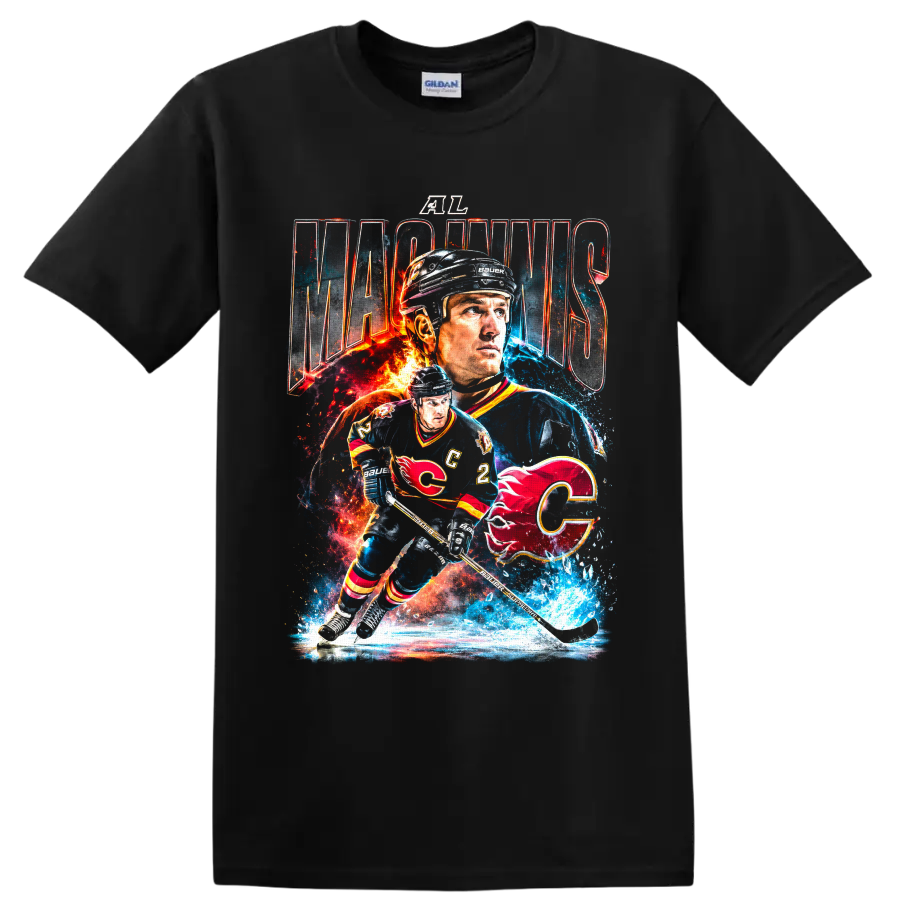 Al MacInnis Calgary Flames hockey collage graphic with fiery ice effects on a Black T Shirt