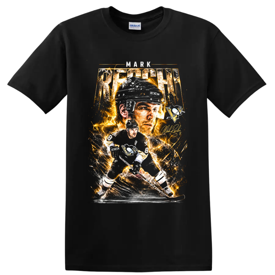 Mark Recchi Pittsburgh Penguins No. 8 electric hockey portrait and action graphic on a Black T Shirt