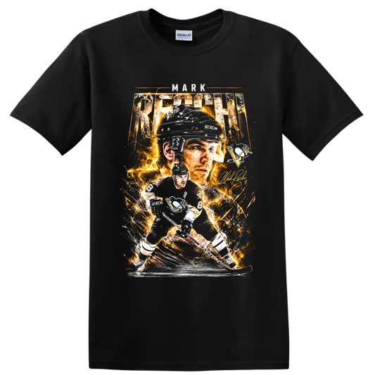 Mark Recchi Pittsburgh Penguins No. 8 electric hockey portrait and action graphic on a Black T Shirt