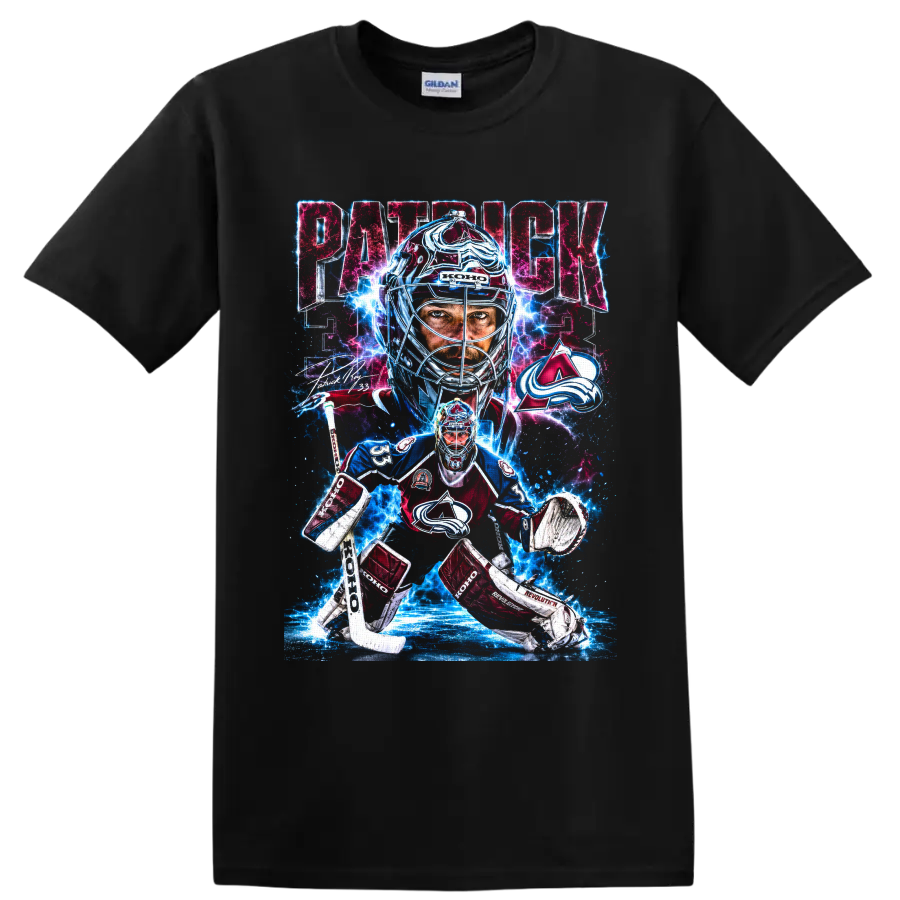 Patrick Roy Colorado Avalanche goalie graphic with number 33, signature, and electric ice on a Black T Shirt