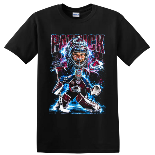 Patrick Roy Colorado Avalanche goalie graphic with number 33, signature, and electric ice on a Black T Shirt