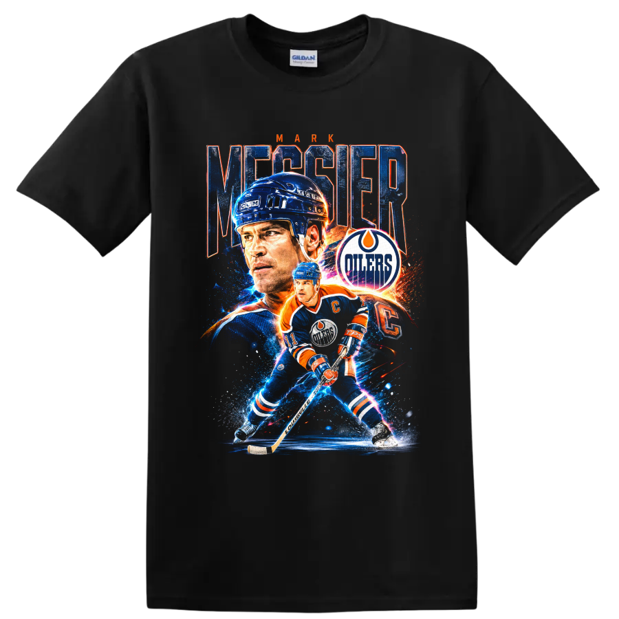 Mark Messier Edmonton Oilers hockey portrait and action graphic with distressed lettering on a Black T Shirt