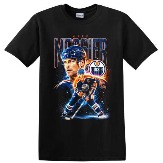 Mark Messier Edmonton Oilers hockey portrait and action graphic with distressed lettering on a Black T Shirt