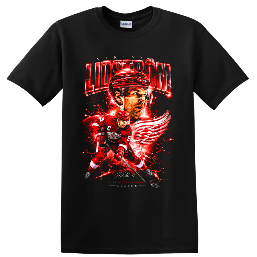 Nicklas Lidström Detroit Red Wings hockey action graphic with winged-wheel artwork on a Black T Shirt