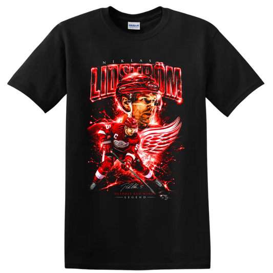 Nicklas Lidström Detroit Red Wings hockey action graphic with winged-wheel artwork on a Black T Shirt