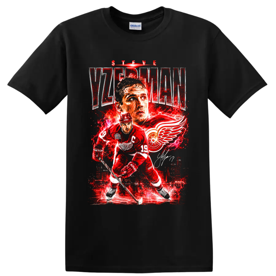 Steve Yzerman Detroit Red Wings hockey collage with captain portrait and winged wheel on a Black T Shirt