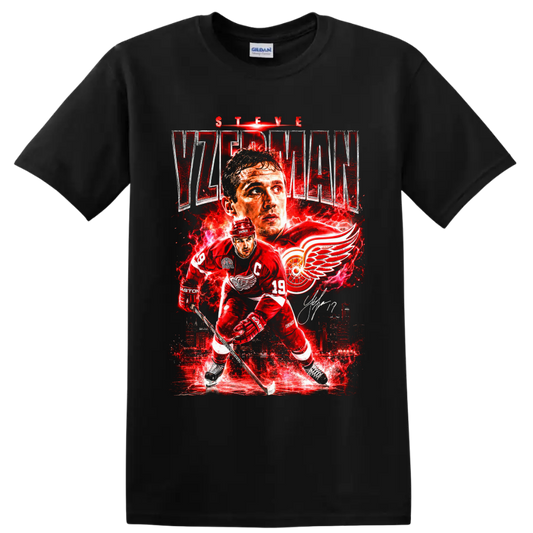 Steve Yzerman Detroit Red Wings hockey collage with captain portrait and winged wheel on a Black T Shirt