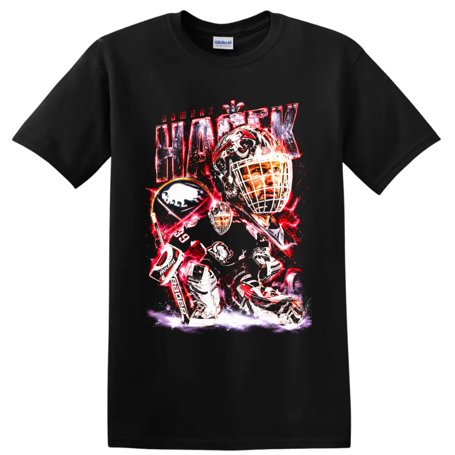Dominik Hasek Buffalo Sabres goaltender collage with bold red lightning on a Black T Shirt