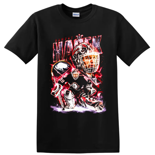 Dominik Hasek Buffalo Sabres goaltender collage with bold red lightning on a Black T Shirt
