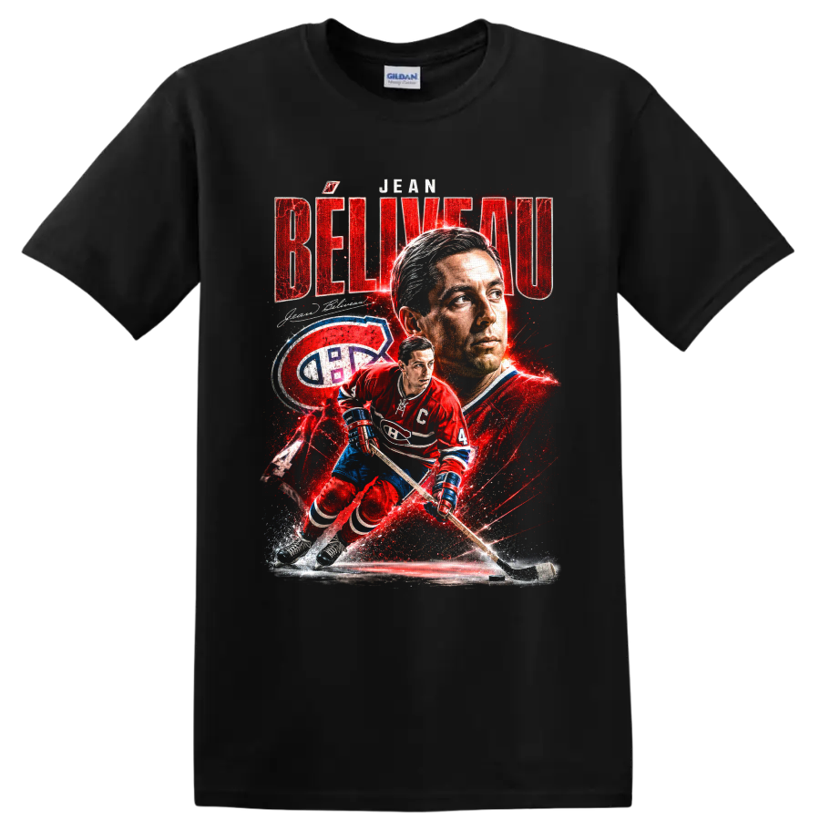 Jean Béliveau Montreal Canadiens hockey portrait and number 4 action graphic print on a Black T Shirt