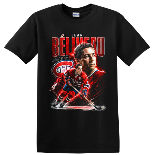 Jean Béliveau Montreal Canadiens hockey portrait and number 4 action graphic print on a Black T Shirt