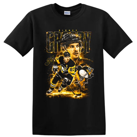 Sidney Crosby Penguins number 87 hockey portrait and action graphic print on a Black T Shirt