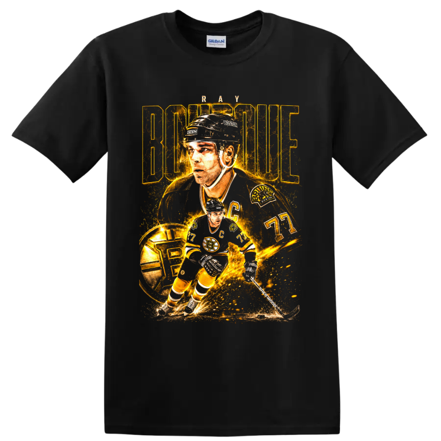 Ray Bourque Boston Bruins captain 77 hockey collage in glowing vintage gold on a Black T Shirt