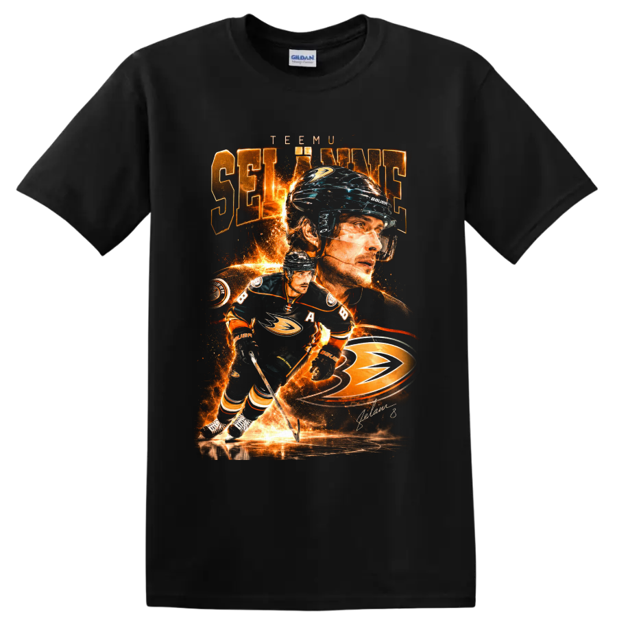 Teemu Selanne Anaheim Ducks fiery hockey action collage with signature on a Black T Shirt