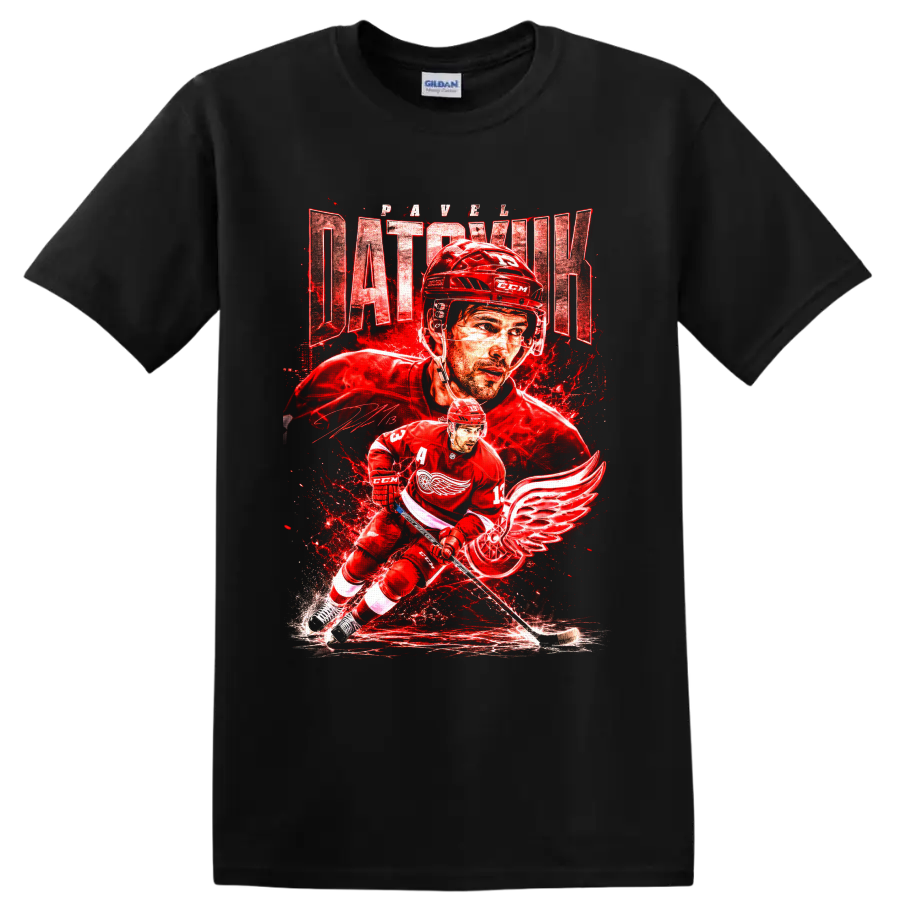 Pavel Datsyuk Detroit Red Wings hockey action graphic with distressed name lettering on a Black T Shirt