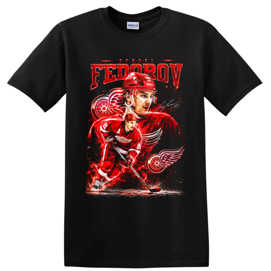 Sergei Fedorov Detroit Red Wings hockey portrait and skating action graphic on a Black T Shirt