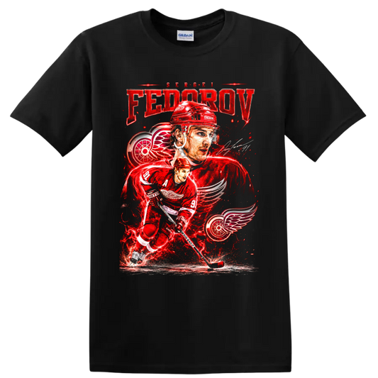 Sergei Fedorov Detroit Red Wings hockey portrait and skating action graphic on a Black T Shirt