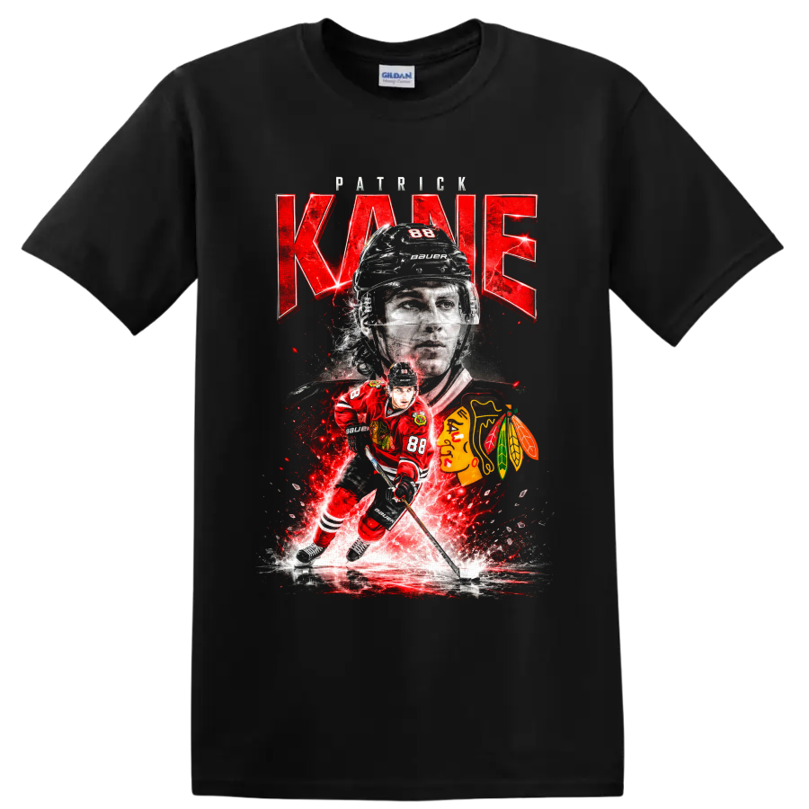Patrick Kane number 88 Chicago hockey portrait and skating action graphic on a Black T Shirt