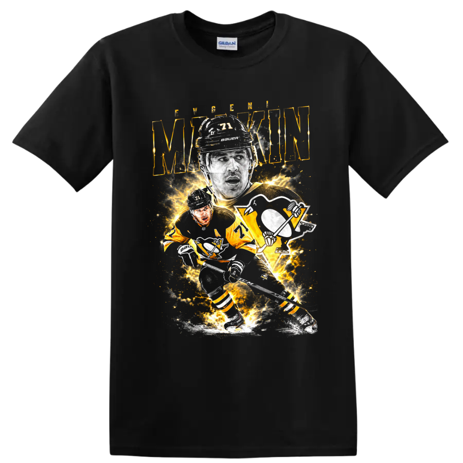 Evgeni Malkin Pittsburgh Penguins number 71 hockey player collage graphic on a Black T Shirt