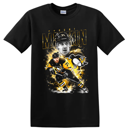Evgeni Malkin Pittsburgh Penguins number 71 hockey player collage graphic on a Black T Shirt