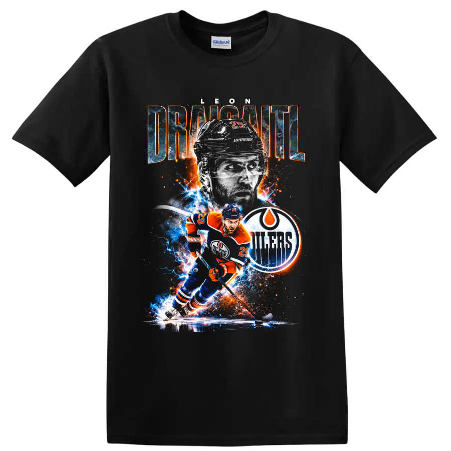 Leon Draisaitl Edmonton Oilers action portrait with electric ice and fiery spark artwork on a Black T Shirt