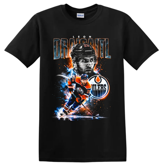 Leon Draisaitl Edmonton Oilers action portrait with electric ice and fiery spark artwork on a Black T Shirt