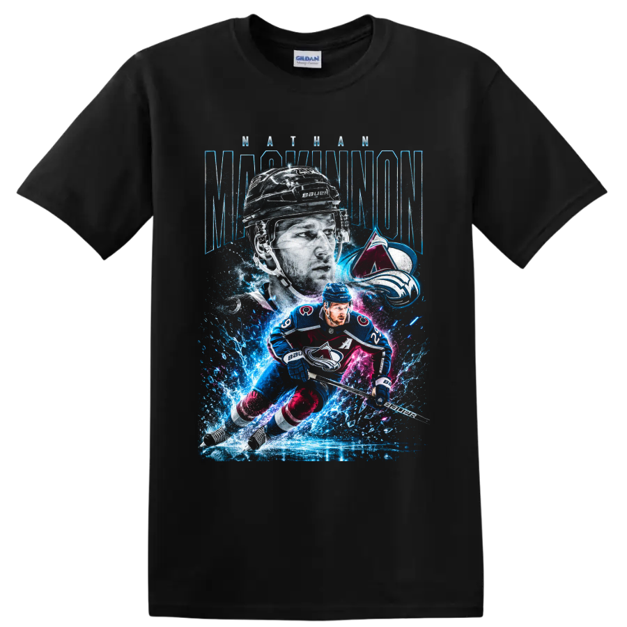 Nathan MacKinnon Colorado Avalanche hockey player graphic with icy neon action art on a Black T Shirt