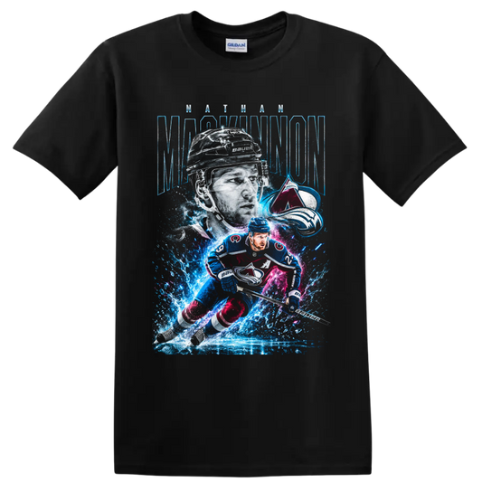 Nathan MacKinnon Colorado Avalanche hockey player graphic with icy neon action art on a Black T Shirt