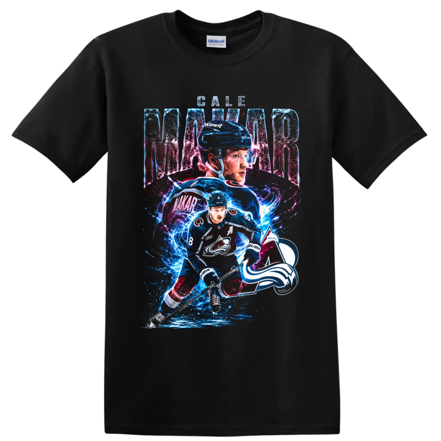 Cale Makar Colorado Avalanche number 8 hockey graphic with electric ice effects on a Black T Shirt