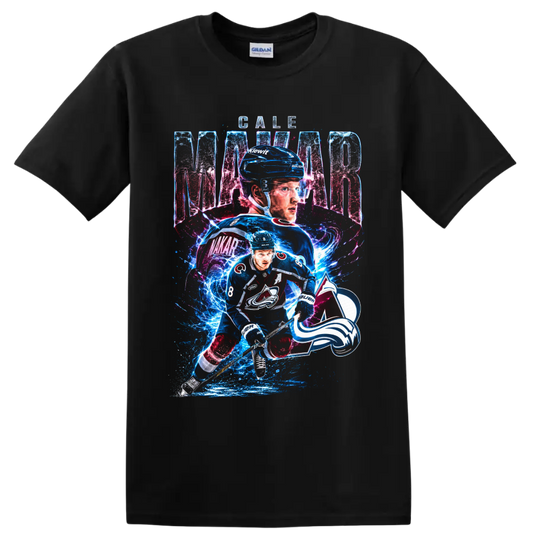 Cale Makar Colorado Avalanche number 8 hockey graphic with electric ice effects on a Black T Shirt