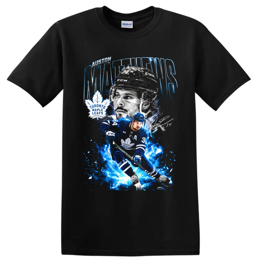 Auston Matthews Toronto Maple Leafs electric blue hockey action graphic on a Black T Shirt