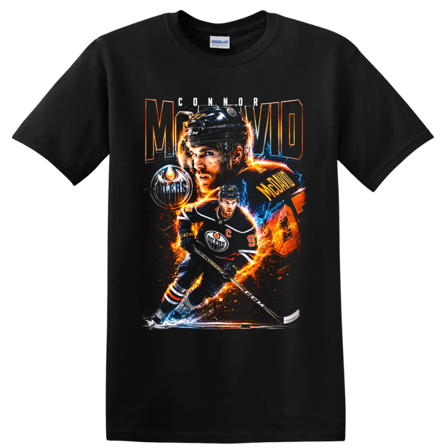 Connor McDavid Edmonton Oilers hockey collage with fiery electric graphic effects on a Black T Shirt