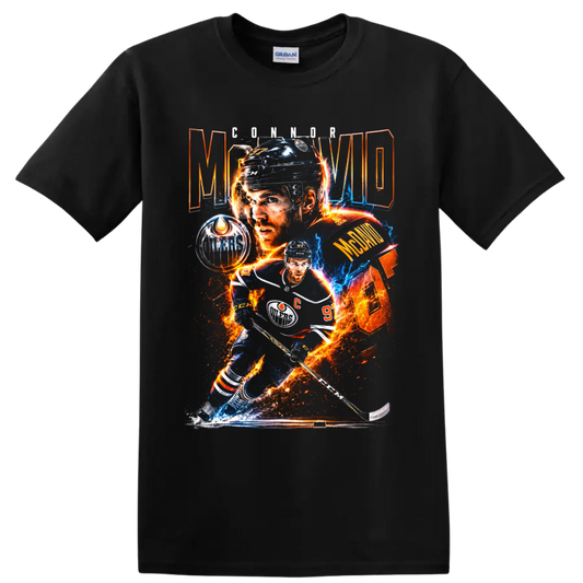 Connor McDavid Edmonton Oilers hockey collage with fiery electric graphic effects on a Black T Shirt
