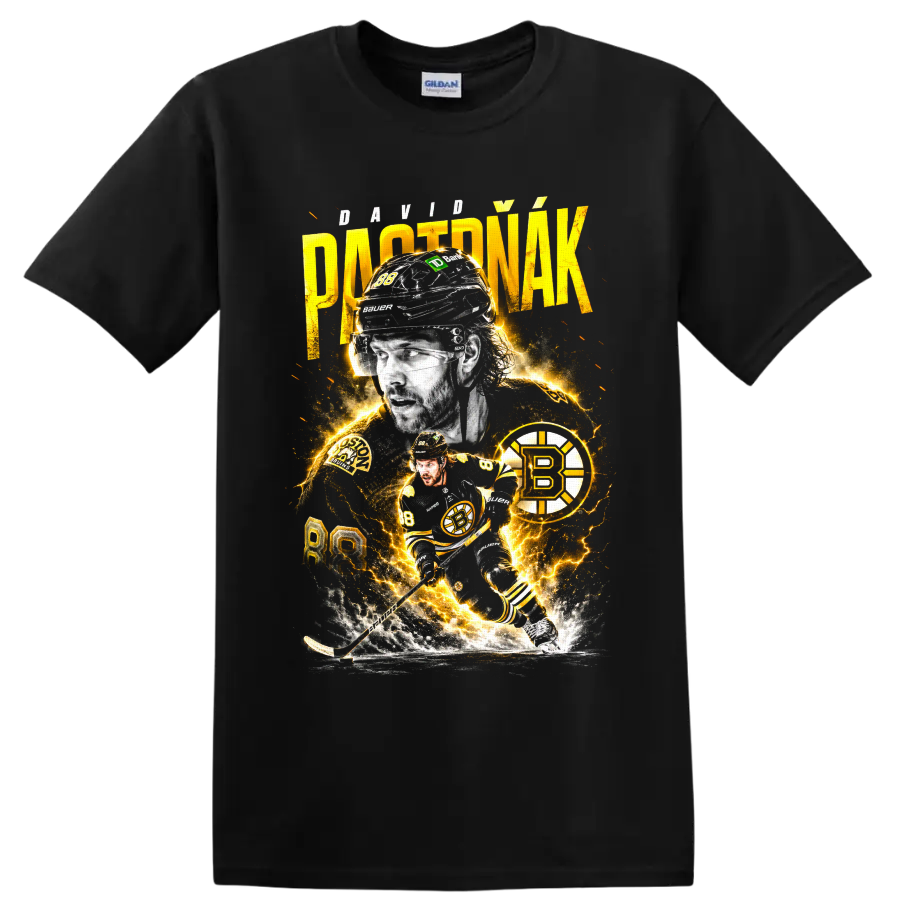David Pastrnak No. 88 Boston Bruins hockey collage with electric gold lightning on a Black T Shirt
