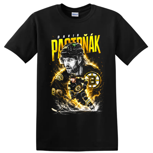 David Pastrnak No. 88 Boston Bruins hockey collage with electric gold lightning on a Black T Shirt