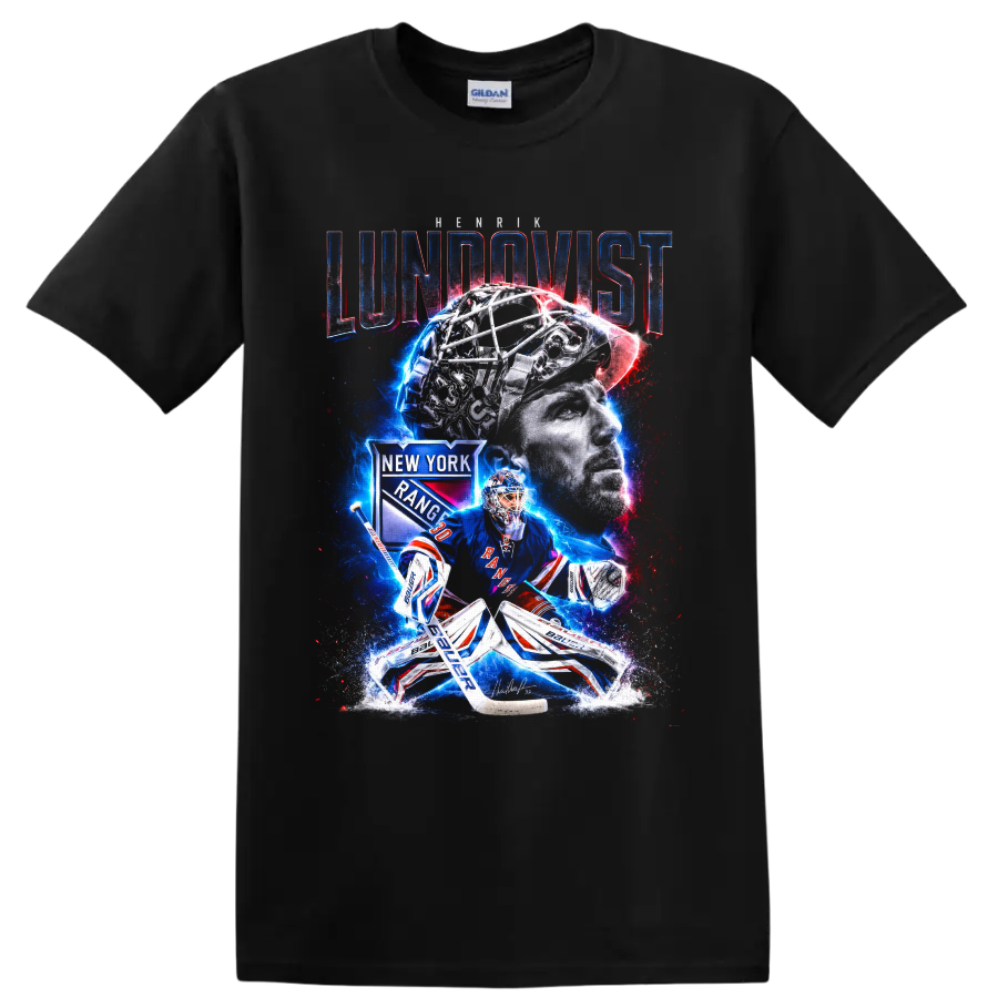 Henrik Lundqvist Rangers goalie collage with portrait, mask, and electric hockey artwork on a Black T Shirt