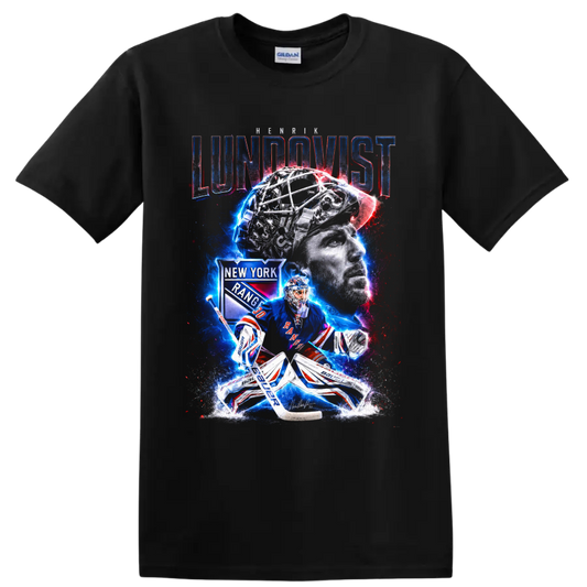 Henrik Lundqvist Rangers goalie collage with portrait, mask, and electric hockey artwork on a Black T Shirt
