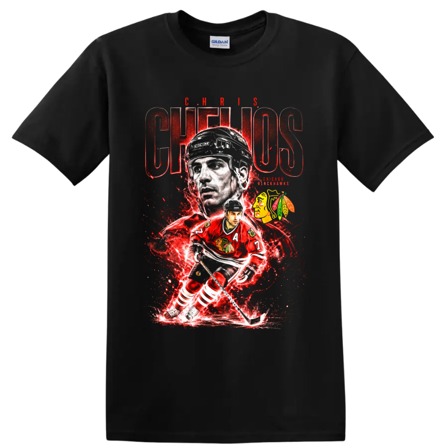 Chris Chelios Chicago Blackhawks hockey collage with red electric graphics on a Black T Shirt