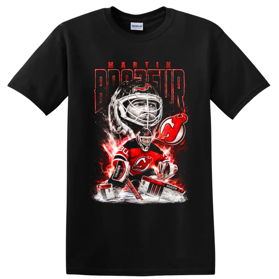 Martin Brodeur New Jersey Devils goalie graphic with red lightning and ice on a Black T Shirt